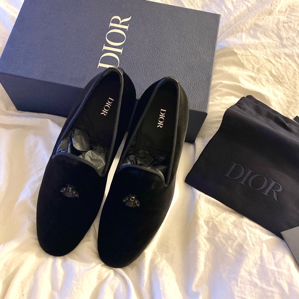 DIOR black velvet bee loafers